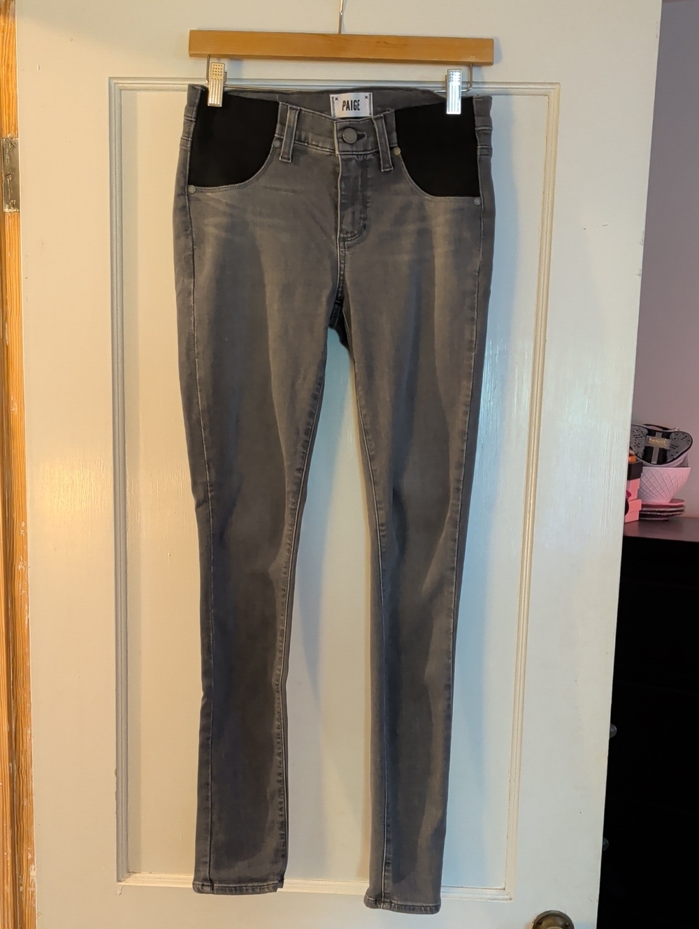 PAIGE Maternity Gray Skinny Jeans with Black Waist Panels, Sz 27
